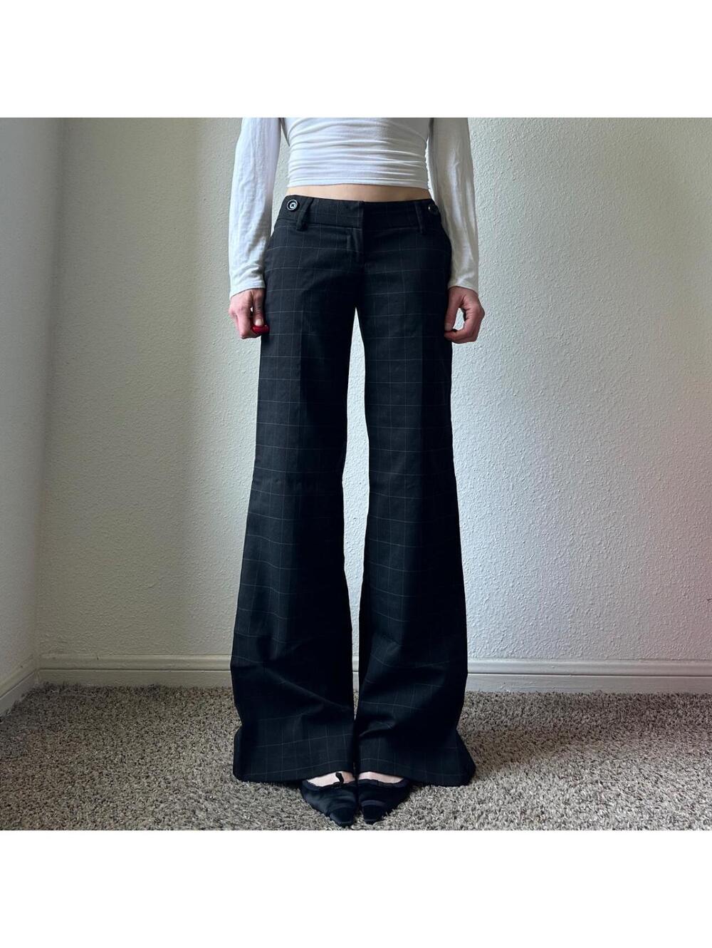 Vintage y2k low rise wide leg flare black & blue plaid casual chino pants
